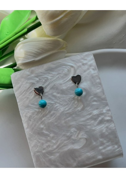 Turkuaz Firuze Taşı Kalpli Çelik Küpe El Yapımı