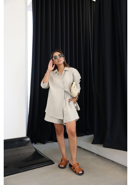Premium Keten Oversize Gömlek Şort Takım