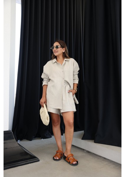 Premium Keten Oversize Gömlek Şort Takım