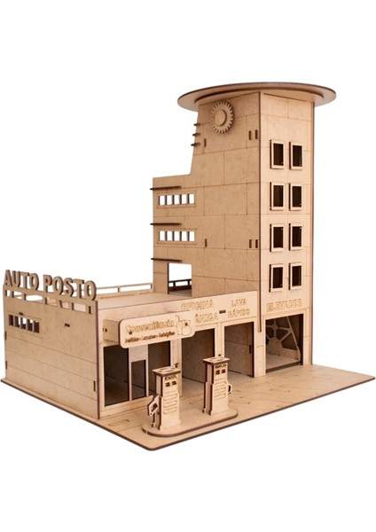Ahşap Benzinlik ve Otopark Maketi - 67 Parça 3D Puzzle Katlı Otopark Seti