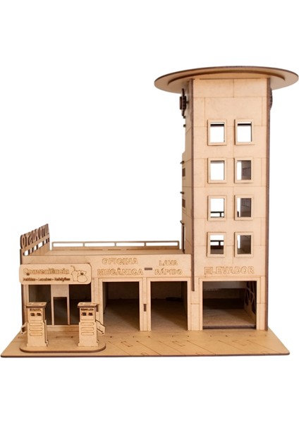 Ahşap Benzinlik ve Otopark Maketi - 67 Parça 3D Puzzle Katlı Otopark Seti
