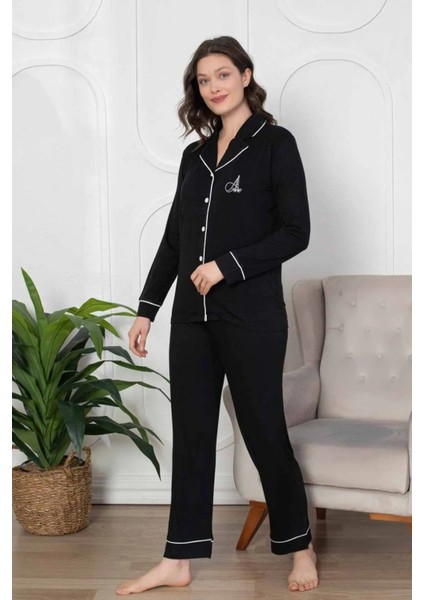 Siyah Önden Düğmeli Bamboo Likralı Pijama Takımı 2782UY