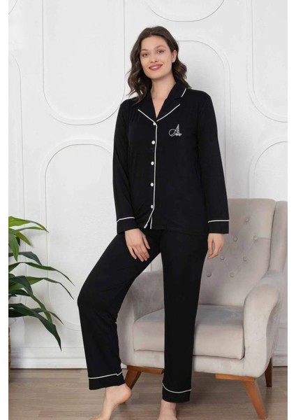 Siyah Önden Düğmeli Bamboo Likralı Pijama Takımı 2782UY fiyatları