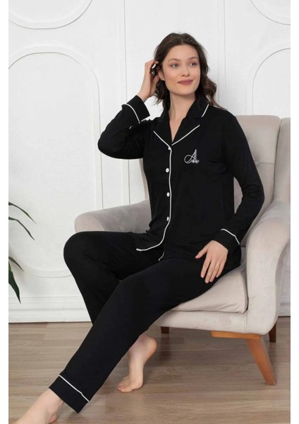 Siyah Önden Düğmeli Bamboo Likralı Pijama Takımı 2782UY modelleri