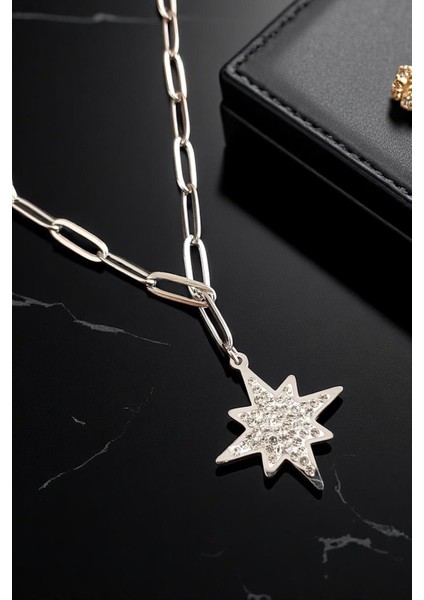 Kadın Çelik Zincirli Su Yolu Gümüş Kaplama Patlayan Yıldız Tasarımlı Model Zirkon Taşlı Kombin Kolye