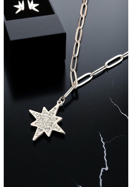 Kadın Çelik Zincirli Su Yolu Gümüş Kaplama Patlayan Yıldız Tasarımlı Model Zirkon Taşlı Kombin Kolye fiyatları