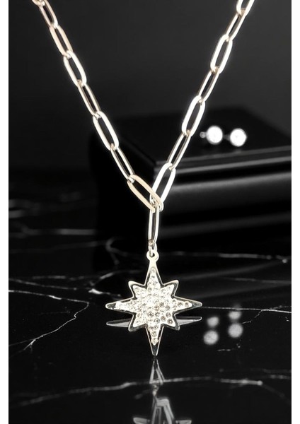 Kadın Çelik Zincirli Su Yolu Gümüş Kaplama Patlayan Yıldız Tasarımlı Model Zirkon Taşlı Kombin Kolye modelleri