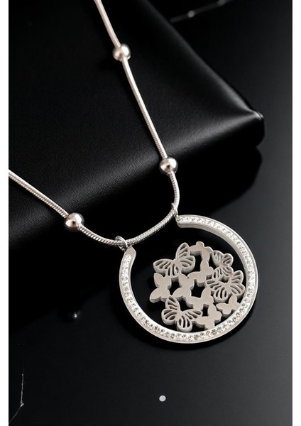 Kadın Çelik Yılan Zincirli Boncuklu Su Yolu Gümüş Kaplama Halka Kelebek Motifli Zirkon Taşlı Kolye