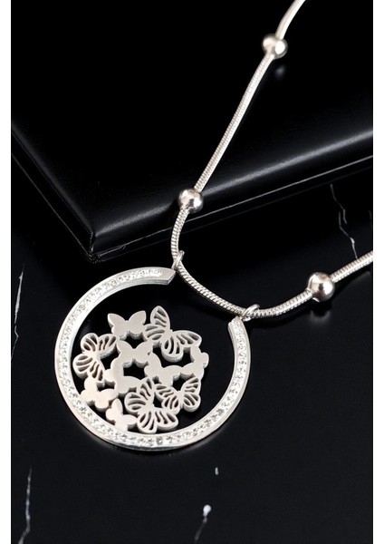 Kadın Çelik Yılan Zincirli Boncuklu Su Yolu Gümüş Kaplama Halka Kelebek Motifli Zirkon Taşlı Kolye fiyatları