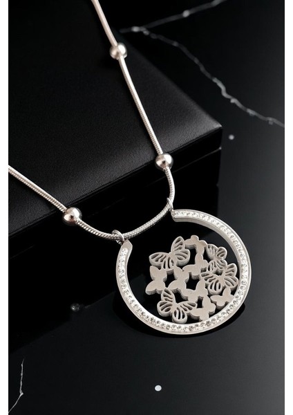 Kadın Çelik Yılan Zincirli Boncuklu Su Yolu Gümüş Kaplama Halka Kelebek Motifli Zirkon Taşlı Kolye modelleri