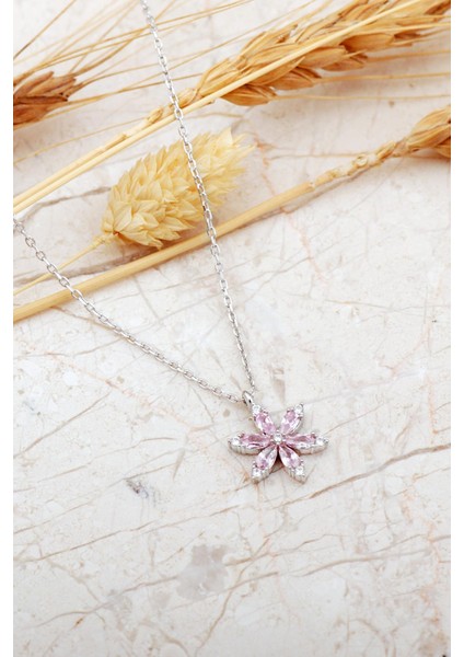Pembe Taşlı Lotus Çiçeği Rodyum Kaplama Gümüş Kolye 8089