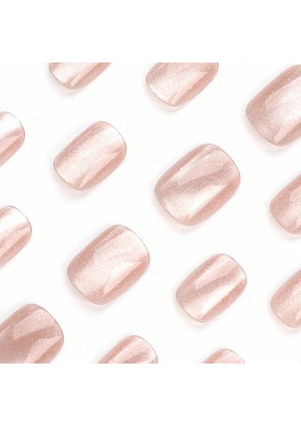 Nude Pembe Kedi Gözü Oval Kısa 24’lü Takma Tırnak Seti ve Zararsız Yapıştırıcı