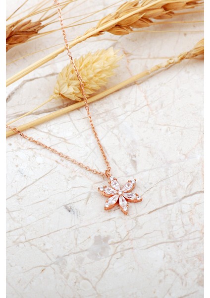 Taşlı Lotus Çiçeği Rose Gümüş Kolye 8091