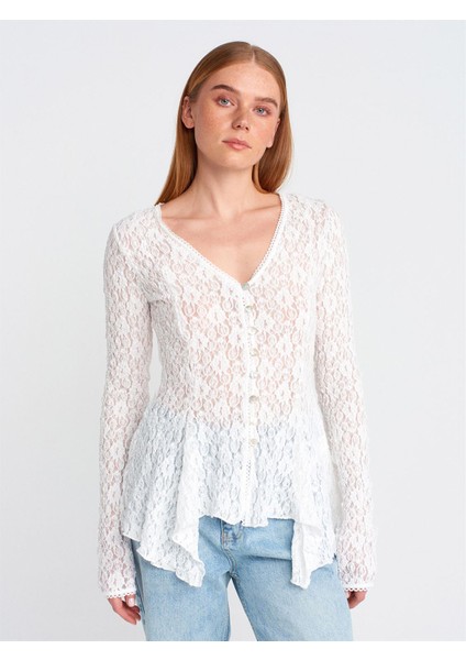 60433 Dilvin Düğmeli Peplum Dantel Hırka
