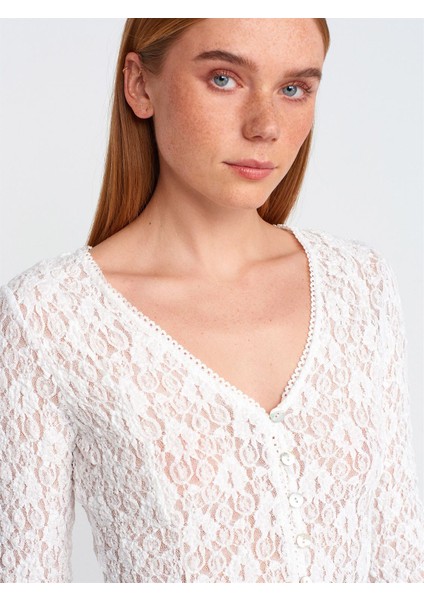 60433 Dilvin Düğmeli Peplum Dantel Hırka