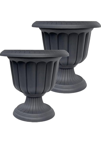 2 Adet Plastik Ayaklı Saksı Seti 6 Lt Iç ve Dış Mekan Çiçek Saksısı 30X29 cm Antrasit Gri