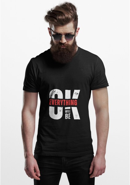 Cappıe Everything Will Be Okey Baskılı Regular Fit Sıfır Yaka Siyah Baskılı T-Shirt