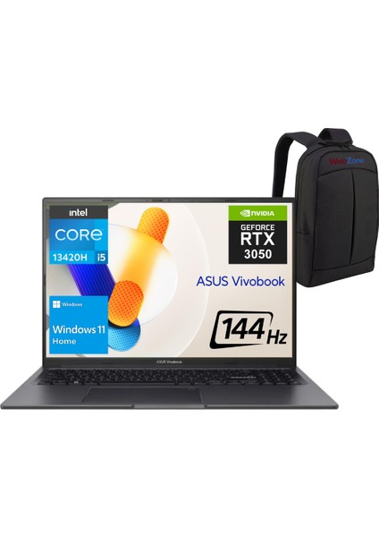 Vivobook 16X K3605VC-RP369W Core I5 13420H 24GB 1TB SSD RTX3050 16" Wuxga IPS 144Hz Windows 11 Home Dizüstü Bilgisayar - Webzone Çanta Wz3