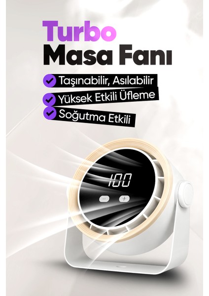 Şarjlı Turbo Masa Fanı Duvara Monte Edilebilir, Yüksek Üfleme Gücü, 5 Kademe Ayarlanabilir Hız