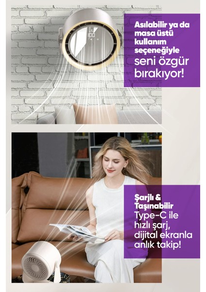 Şarjlı Turbo Masa Fanı Duvara Monte Edilebilir, Yüksek Üfleme Gücü, 5 Kademe Ayarlanabilir Hız