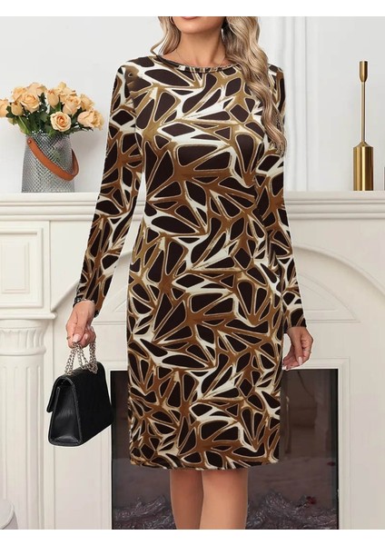 Kadın Uzun Kollu Bisiklet Yaka Desenli Dalgıç Kısa Elbise