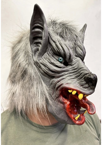 Kafaya Tam Geçmeli Lateks Dil Çıkaran Mavi Gözlü Kurt Maskesi (5047)