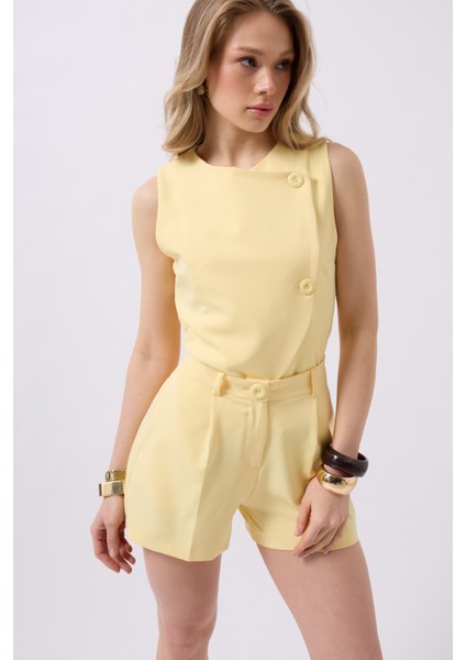 Pileli Yüksek Bel Sarı Şort