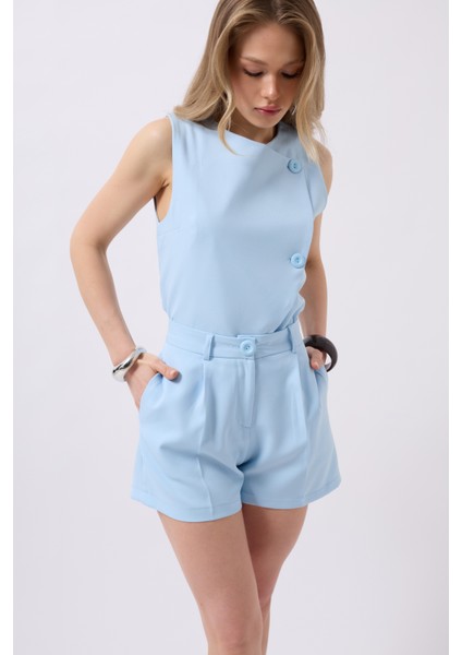 Pileli Yüksek Bel Bebe Mavi Şort