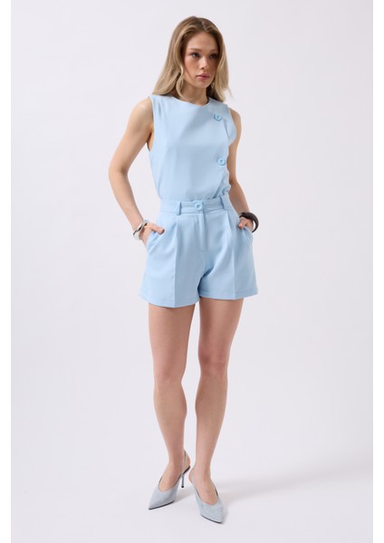 Pileli Yüksek Bel Bebe Mavi Şort modelleri