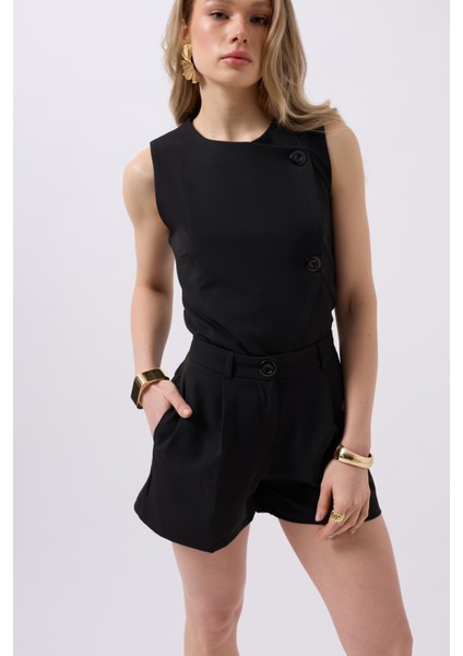 Pileli Yüksek Bel Siyah Şort
