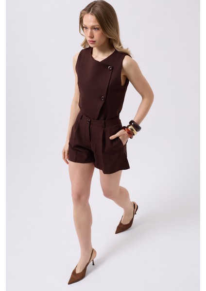 Pileli Yüksek Bel Kahverengi Şort