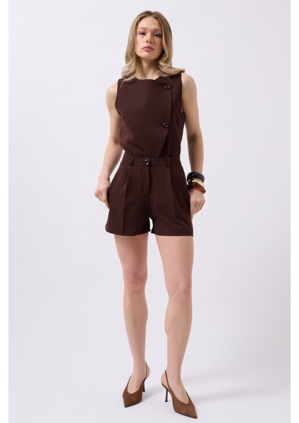 Pileli Yüksek Bel Kahverengi Şort fiyatları