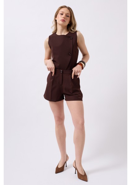 Pileli Yüksek Bel Kahverengi Şort modelleri