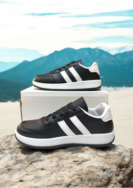 Siyah-Beyaz Iki Bantlı Unisex Günlük Hafif Taban Sneaker Spor Ayakkabı