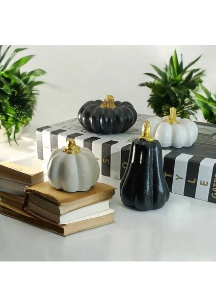 4'lü Siyah Beyaz Balkabağı Dekoratif Biblo Set. Renkli Kabak Seti