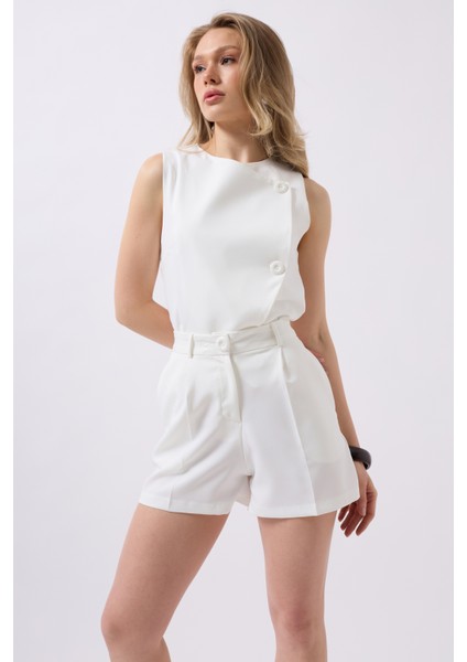 Pileli Yüksek Bel Beyaz Şort