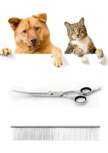 Profesyonel Kavisli (Oval) 7 Inç Pet Kedi Köpek Evcil Hayvan Saç Tüy Şekil Kesme Makası Metal Tarak