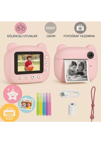 CMR14 Pembe Dijital Video Fotoğraf Çocuk Kamerası Anlık Termal Resim Kağıt Baskılı Yazıcı