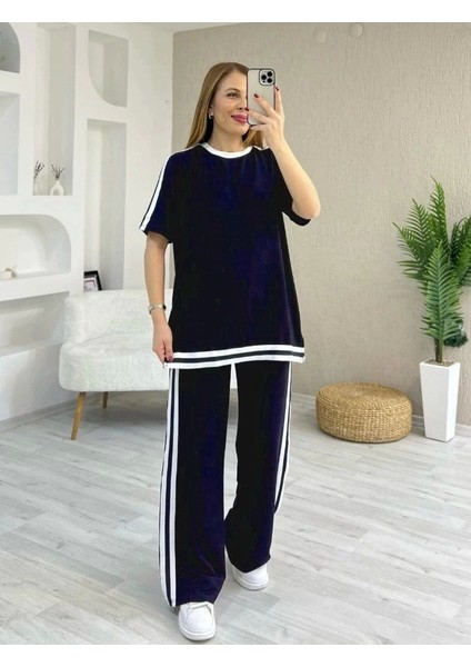Kadın Kısa Kollu Bisiklet Yaka Çift Renk Şerit Detaylı Viskon Iki Iplik Bluz ve Pantolon Ikili Takım