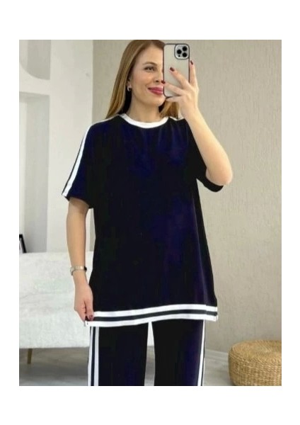 Kadın Kısa Kollu Bisiklet Yaka Çift Renk Şerit Detaylı Viskon Iki Iplik Bluz ve Pantolon Ikili Takım fiyatları