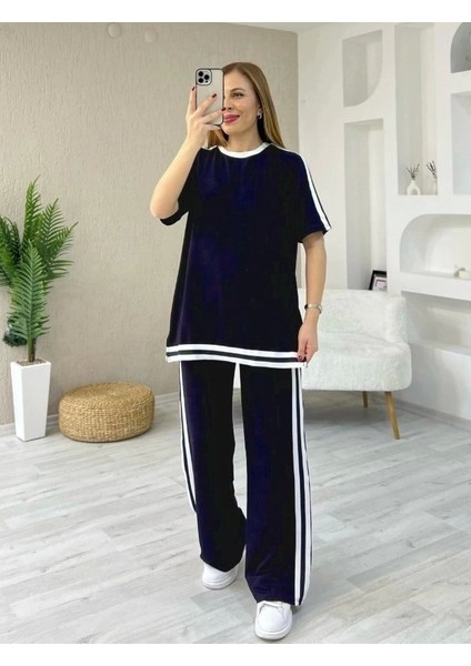 Kadın Kısa Kollu Bisiklet Yaka Çift Renk Şerit Detaylı Viskon Iki Iplik Bluz ve Pantolon Ikili Takım modelleri