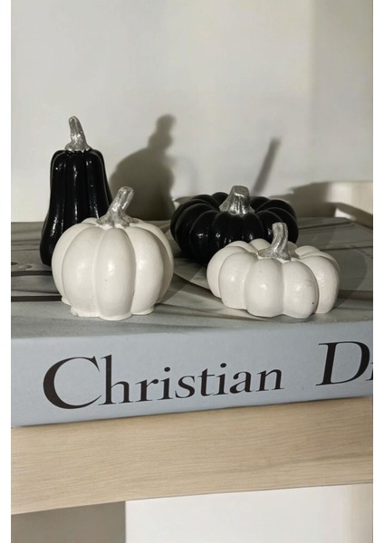 4'lü Gümüş Detaylı Balkabağı Dekoratif Biblo Set. Siyah Beyaz Kabak Seti