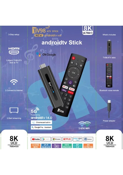 8k Smart Tv Box 5g Android 14 2GB-16GB Akıllı Tv Stick Google Asistan Google Play Netflix Amazon Prime Dolby Atmos