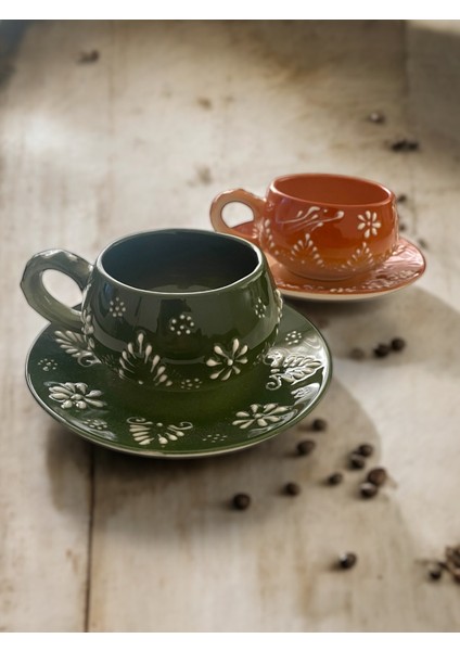 Dekoratif Şık Tasarım Tamamen El Yapımı Yeşil ve Kahverengi 2 Kişilik Kahve Fincanı