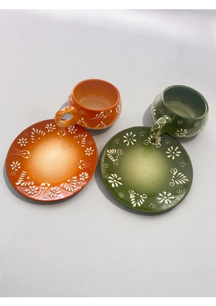 Dekoratif Şık Tasarım Tamamen El Yapımı Yeşil ve Kahverengi 2 Kişilik Kahve Fincanı fiyatları