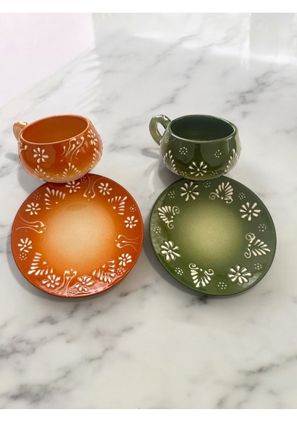 Dekoratif Şık Tasarım Tamamen El Yapımı Yeşil ve Kahverengi 2 Kişilik Kahve Fincanı modelleri