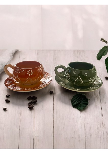 Dekoratif Şık Tasarım Tamamen El Yapımı Yeşil ve Kahverengi 2 Kişilik Kahve Fincanı fırsatları