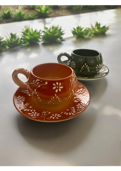 Dekoratif Şık Tasarım Tamamen El Yapımı Yeşil ve Kahverengi 2 Kişilik Kahve Fincanı indirimleri