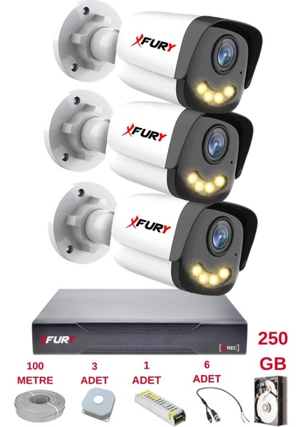3 Kameralı 4 Warm LED Gece Renkli Görüş-Cepten Izle-Su Geçirmez Güvenlik Kamerası Seti 250GB