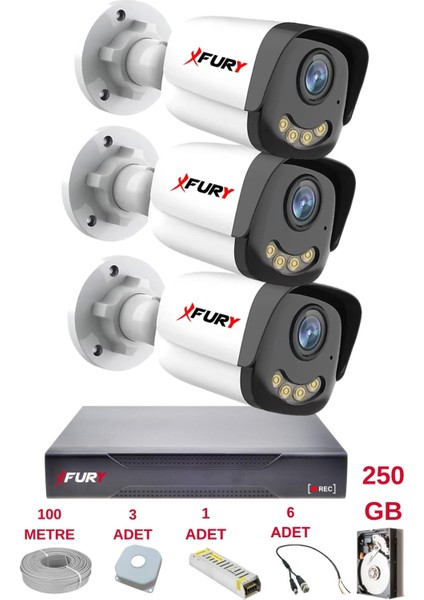 3 Kameralı 4 Warm LED Gece Renkli Görüş-Cepten Izle-Su Geçirmez Güvenlik Kamerası Seti 250GB fiyatları
